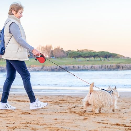 SCENEREAL Retractable Dog Leash for Small Medium Large Dogs up to 110lbs, 26ft 360° Tangle-Free Nylon Tape with Anti-Chewing Wire Rope&Waste Bag Dispenser, Heavy Duty Long Durable One-Handed Brake - color: Chew Proof (Black & Red /26ft)