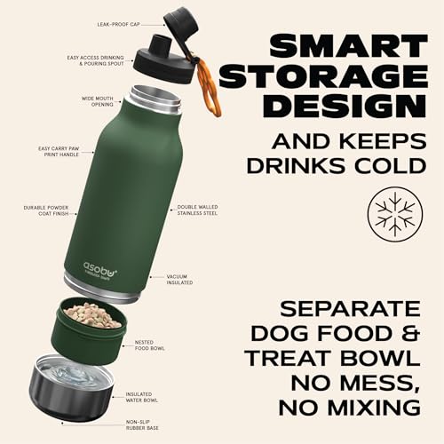 asobu Dog Barky Bottle - 음식, 간식 및 물을 위한 탈착식 강아지 그릇 2개가 있는 단열 스테인리스 스틸 물병 - 하이킹, 도로 여행 및 야외 모험을 위한 반려동물 친화적인 여행용 병 - color: 바질 그린.