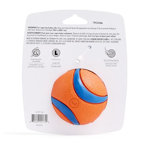 Chuckit! Ultra Tug Dog Toy - Ultra Ball on a Durable Nylon Cord Handle - Fetch and Tug-of-War Toy for Dogs - Size Large - For Breeds 60-100 lbs - 3-inch Diameter - Orange and Blue - size: Large, style: Ultra Tug