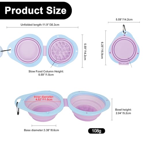 2-in-1 Purple Collapsible Dog Bowls with Carabiner | Foldable Water Bowl(320ml) Foldable Slow Food Bowl(130g) for Dogs Cats Travel Hiking Camping - color: Purple
