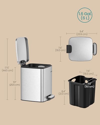 SONGMICS Dog Poop Trash Can, 1.6-Gallon (6 L) Outdoor Garbage Can with Lid, Soft Close, Stainless Steel with Inner Bucket, Metallic Silver ULTB590E02 - color: Metallic Silver