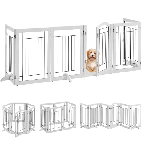 Topeakmart Extra Wide Pet Gate 6 Panels Freestanding Dog Gate for Doorway Stairs Dog Fence with 3 Support Feet, White