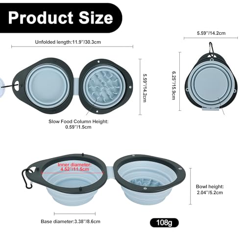 2-in-1 Blue Collapsible Dog Bowls with Carabiner | Foldable Water Bowl(320ml) Foldable Slow Food Bowl(130g) for Dogs Cats Travel Hiking Camping - color: Blue
