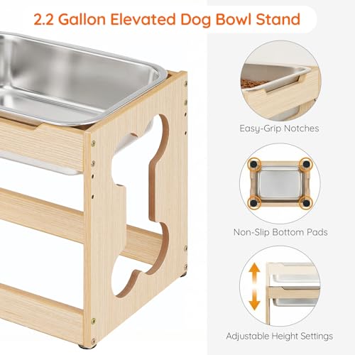 HOOBRO 2.2 Gal Elevated Dog Water Bowl for Large Dogs, Raised Dog Bowl Stand with Stainless Steel Bowls, Heights Adjustable Water Bowl Stand, Wooden Dog Feeding Station, Non-Slip, Natural NL02PO03