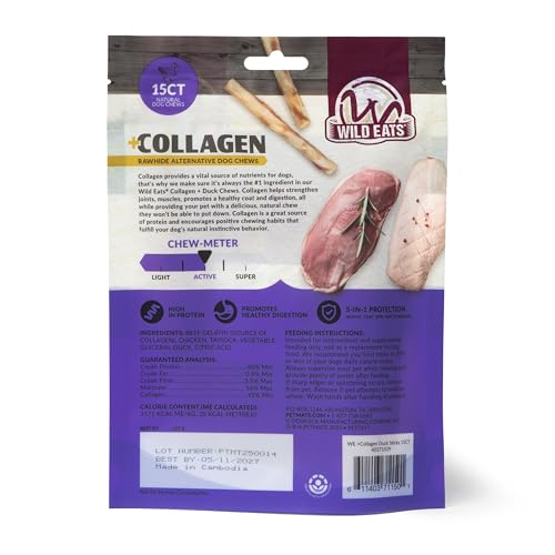 Wild Eats Real Duck Collagen Retriever Bully Sticks for Dogs, 15 Count Pack | Rawhide and grain free no hide chew treats, low fat and high protein recipe, long lasting, satisfies natural gnawing urges - size: 5.3 Ounce (Pack of 15)