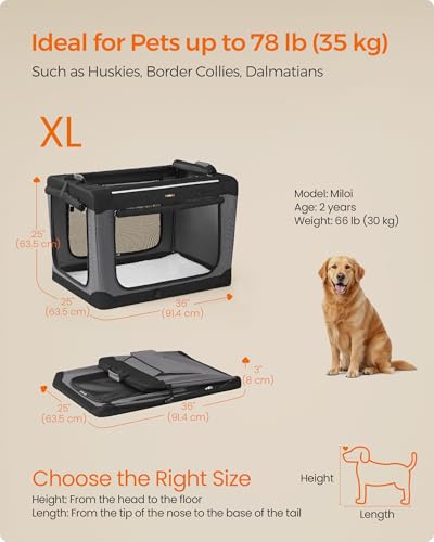 Feandrea Collapsible Dog Crate, 36-Inch Portable Dog Travel Crate for Large Dogs, Oxford Fabric Pet Carrier with 4 Mesh Doors, Handles, Storage Pocket, Water Bottle Holder, Ink Black UPDC019B01 - size: XL(36"L x 25"W x 25"H)