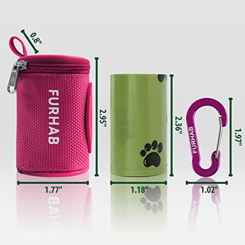 FURHAB Dog Poop Bag Holder for Leash Doggie Waste Bag Dispenser Soft Fabric Puppy Potty Carrier Small Doggy Zipper Pouch with Carabiner Clip 1680D Nylon Oxford with 1 Roll of Pet Trash Bags, Rose Red - color: Rose Red
