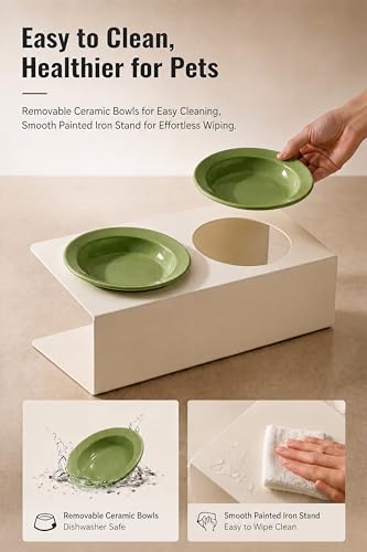 Elevated Cat Bowls 3.4 oz x2, Raised Cat Bowl Stand, Ceramic Cat Food and Water Bowl Set for Cats and Small Dogs (Green) - color: green