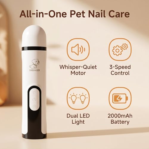 2026 Upgraded Pet Nail Grinder for Dogs & Cats, 5-Speed Quiet Dog Nail Trimmer with LED Light, 45dB Low Noise Painless Paw Grooming for Small Medium Large Pets (White)