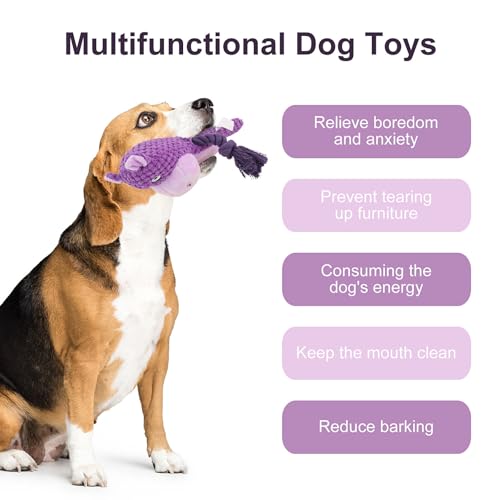 Dog Toys, Dog Squeaker Toys with Crinkle Paper, Stuffed Animal Dog Plush Chewing Toy, Cotton Rope Interactive Toys for Puppy, Small, Middle Dogs (Purple Hippo) - color: Purple