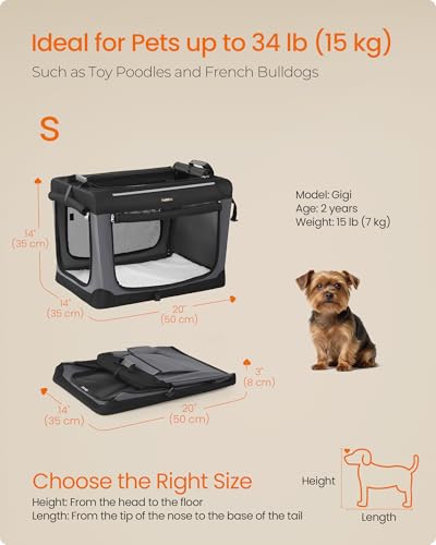 Feandrea Collapsible Dog Crate, 20-Inch Portable Dog Travel Crate for Small Dogs, Oxford Fabric Pet Carrier with 4 Mesh Doors, Handles, Storage Pocket, Water Bottle Holder, Ink Black UPDC015BH02 - size: S(20"L x 14"W x 14"H)
