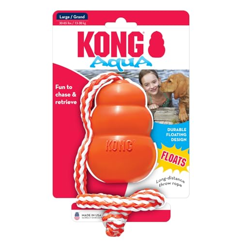 KONG Aqua Floating Fetch Toy - Dog Floating Toy for Water Retrieval, Play, Exercise & More - Natural Rubber Dog Toy with Foam Interior & Rope for Farther Throwing - Orange, for Large Dogs - size: Large (Pack of 1)