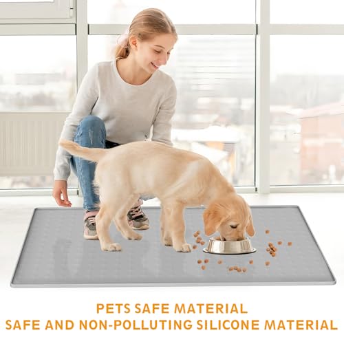 Extra Large Silicone Dog Food Mat 33.9"x21.9" – 0.27" Raised Edge Waterproof Pet Feeding Mat, Non-Slip Placemat for Multiple Bowls, Auto Feeders, Cat Fountains, Dishwasher Safe (Black/Gray) - color: Gray