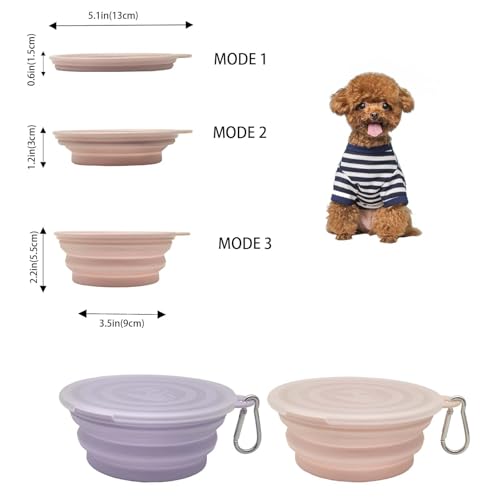 Small Collapsible Dog Bowl 12oz,2 Pack Portable and Foldable Pet Travel Bowls with 2 Carabiners & Lids for Dogs Cats and Small Animals (Macaron Purple+Pink, 350ml)