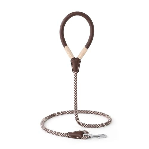 Mile High Life Dog Leash, Rope Leash with Genuine Leather Handle and Heavy Duty Metal Clasp, Great for Small Medium Large Dogs (Brown Check, 4FT) - color: Leather Handle-Brown Check, size: 48 Inch-1/2"