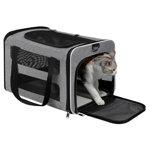 Cat Carrier Soft-Sided Travel Bag for Medium to Large Cats Over 15lbs, Small Dog Carrier Crate Top Entry Breathable Mesh Puppy 12 Pounds, Pet Rabbit Carrying Cage Kennel Collapsible Grey - color: Grey