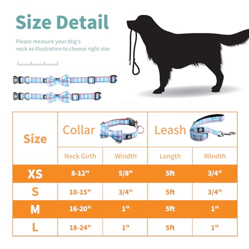 IVY&LANE Dog Collar with Bowtie and Leash Set | Plaid Adjustable Dog Collar | Detachable Bow Tie |5 FT Dog Leash | for Small Medium Large Dogs | Checkered Blue | Small - color: Checkered Blue, size: S