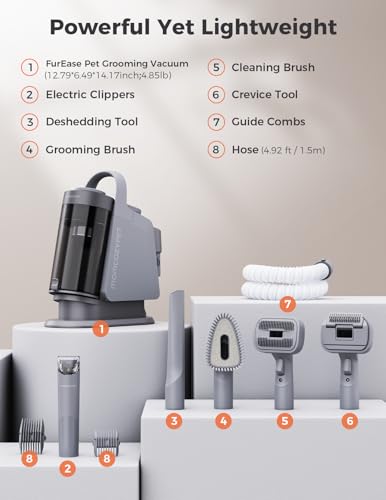 Dog Grooming Kit, FurEase Dog Grooming Vacuum with Dog Clippers for Grooming, 13000Pa Powerful Dog Vacuum for Shedding Grooming with 5 Pet Grooming Tools (Iron Gray, 2.5 Liter Canister)