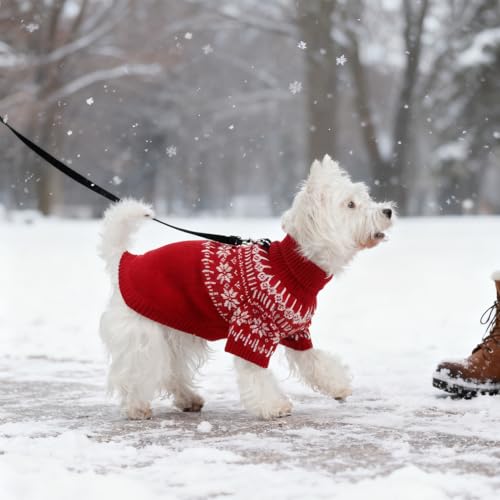 EXPAWLORER Turtleneck Knit Dog Sweater - Dog Clothes Fair Isle Snowflake Design, Warm Puppy Sweater Apparel, British Style Winter Pet Outfit Pullover for Small Medium Large Dogs Cats, Red M