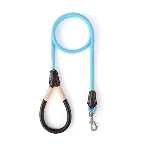 Mile High Life Dog Leash, Rope Leash with Genuine Leather Handle and Heavy Duty Metal Clasp, Great for Small Medium Large Dogs (Blue, 4FT) - color: Leather Handle-Blue, size: 48 Inch-1/2"
