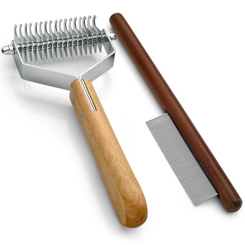 Dematting Comb for Dogs and Cats, Mat Remover and Deshedding Grooming Tool, Safe Detangler for Matted Fur, Double Sided Undercoat Rake for dogs