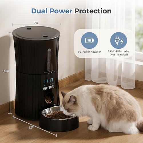 DUMOS Automatic Cat Feeder, 4L Timed Cat Food Dispenser with APP Control, 10s Voice Recorder, Dual Power Supply, 2.4G WiFi Indoor Programmable Pet Feeder with Desiccant for Small Cats and Dogs, Black
