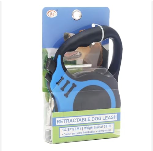 Retractable Dog Leash, Blue, 16.5 Ft, Polyester Flat Traction Belt, 360 Rotational Tangle-Free Hook, One-Button Brake and Lock, for Small and Medium Dogs up to 33 lbs - color: Blue And Black