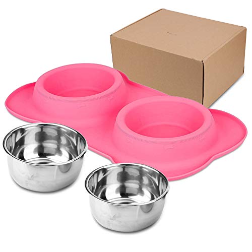 AsFrost Dog Food Bowls Stainless Steel Pet Food Bowls & Dog Water Bowls, Dog Bowls Silicone Mat No Spill Non-Skid Feeding Bowls for Small Size Dog Puppy Cat Food Dish, Pink, 3 Cup/24oz, Set of 2 Bowls - color: Pink, size: 3 Cup/27 oz each