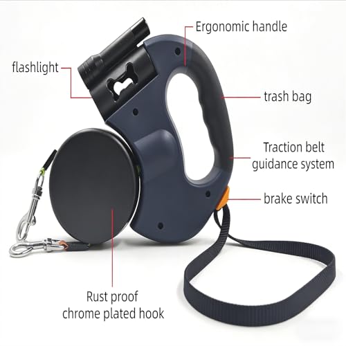 Dual Retractable Dog Leash, Bring A Flashlight and A Stool Bag Holder, 360° Tangle-Free Pet Walker, for 2 Dogs One-Hand Brake for Small Medium Pets(Blue) - color: Blue