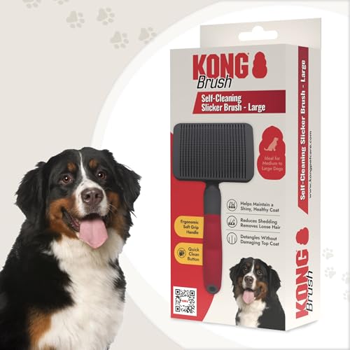 KONG Large Self-Cleaning Slicker Brush – Easy Hair Removal, Reduces Shedding, Non-Slip Grip, Long Metal Pins, for Medium to Large Dogs with Medium to Long Coats, Red/Gray - size: Large Self-Cleaning Slicker