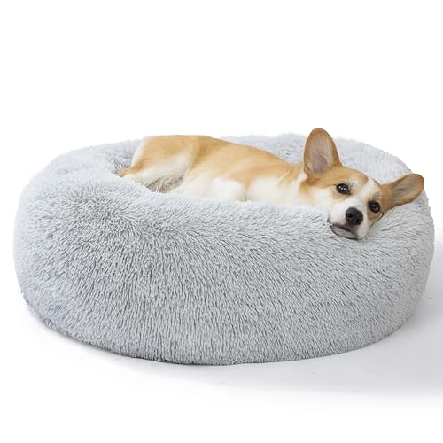 SAVFOX 30 inches Calming Donut Dog Bed - 3X Durable Plush Faux Fur, Machine Washable & Non-Slip, Fits up to 45 lbs, Light Grey - color: Light Grey, size: Medium | 30"x30"