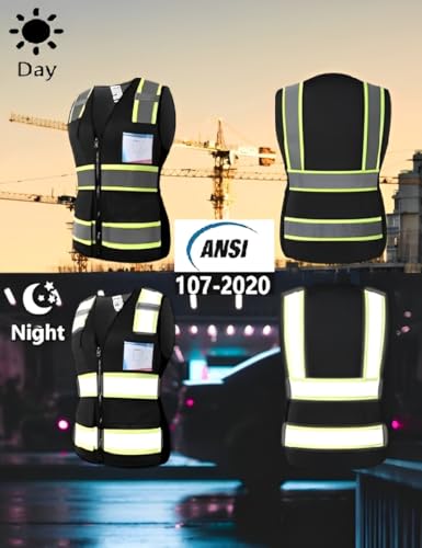 Safety Vest for Women High Visibility Vest with 8 Pockets and Front Zipper Mesh Reflective Vest Meets ANSI/ISEA Standards(Black-17, Medium) - color: Black-17, size: Medium