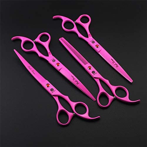 Purple Dragon Professional 7.0 inch 4PCS Pet Grooming Scissors Kit Japan Premium Steel Straight & Curved & Thinning Blade Dog Hair Cutting Shears Set with Case - color: Pink