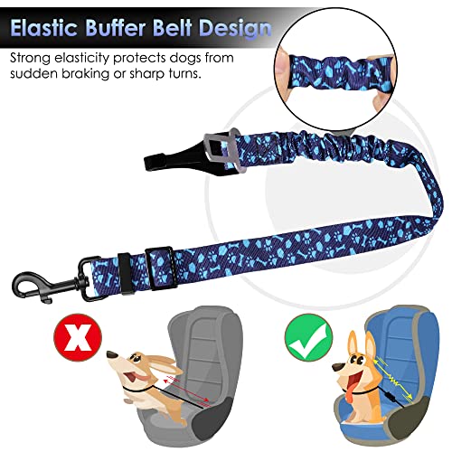 SlowTon Dog Seat Belt, Adjustable Dog Safety Belt Leash, 2 in 1 Latch Bar Attachment Dogs Car Seatbelt with Elastic Nylon Bungee Buffer, Reflective Nylon Belt Tether Connect (BL Dog Paw) - color: Blue Dog Paw