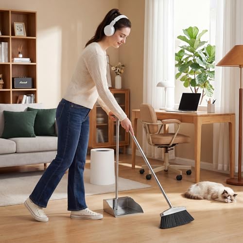 Metal Broom with Dustpan Combo Set-Long Handle Broom with Dustpan,Heavy Duty Standing Dust Pan & Soft Bristles Brooms,Indoor Outdoor Dust Pan Brooms for Home Office Lobby Floor - size: Dustpan and broom 36*35 in