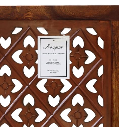 Wooden Foldable Pet Dog Safety Gate - 4 Panels Lattice 20 W x 24 H - Hand Carved Solid Wood & MDF - Free Standing Portable Indoor Doorway Hall Stairs Puppy Fence - Assembled - Antique Brown - IRONGATE