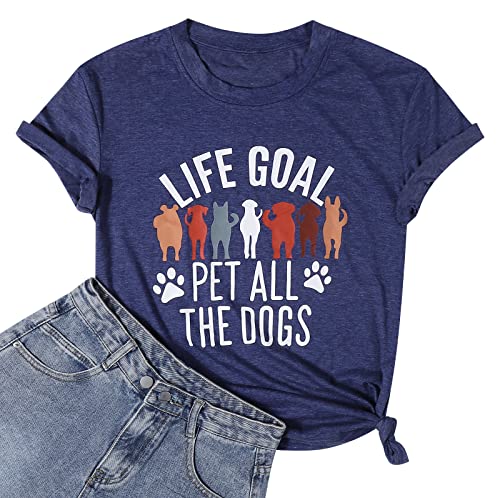 Dog Mom T-Shirt for Women - Pet Lover Shirt With Funny Saying Letter Print - All The Dogs Dog Mama Tee Top - color: Dark-blue, size: X-Large