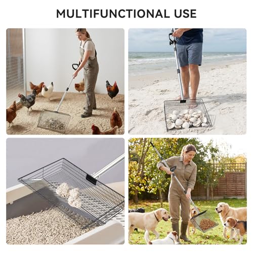 AiQInu 2-in-1 Chicken Poop Scooper & Rake, Adjustable Stainless Steel Poop Scoop with 24"-90" Long Handle, Sifting Shovel for Chicken Coop, Goat Stall & Stable Cleaning