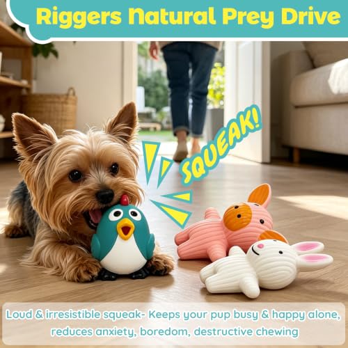 LECHONG Dog Squeaky Toys 5 Pack Latex Dog Toys for Small Dogs – Squeaky Squeeze Toys, Puppy Teething Chew Toys, Soft Rubber Pet Toys, 4.7” Cute Farm Animal Set (Cow, Rabbit, Cat, Pig, Rooster)