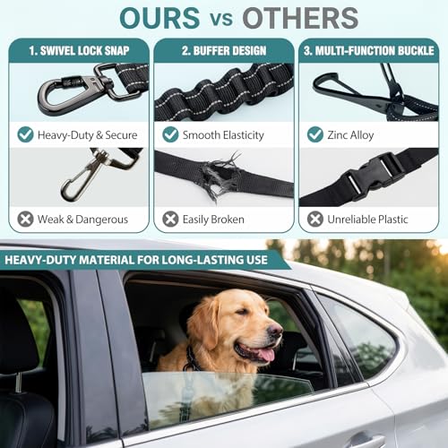 Dog Car Seat Belt 3-in-1, Escape Proof Dog Seatbelt for Car, Adjustable Pet Seat Belt with Shock Absorbing Bungee, Heavy Duty Dog Safety Belt for Small Medium Large Dogs, Black - color: Black