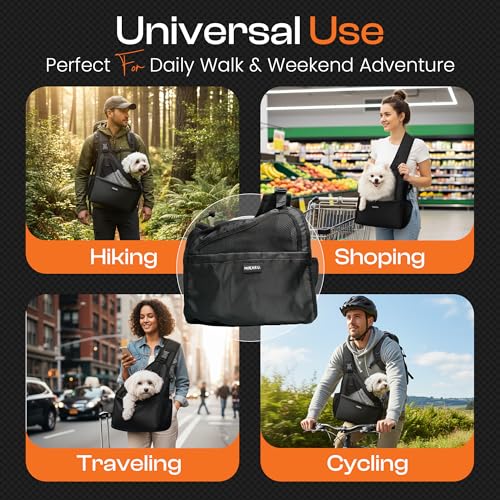 Small Dog Sling Carrier Bag, Hands-Free Dog Carrier Sling with Safety Buckle, Breathable Mesh, Adjustable Strap, Padded Back, Storage Pockets, Pet Carrier for Dogs, Cats, Puppies up to 8–10 lbs - color: Black