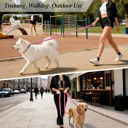 Double Handle Dog Leash 6 FT Reflective 2 Handle Traffic Lead with Padded Grip, Heavy Duty Nylon Leash for Walking Training, for Small Medium Large Dogs, Pink - color: Pink