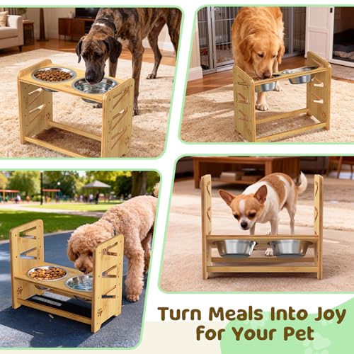 Elevated Dog Bowls, Adjustable Raised Dog Bowl Stand for Large and Medium Pet, 15" High Bamboo Pet Food Feeder with 2 Stainless Steel Dishes(6 Heights) - size: Large sized dogs