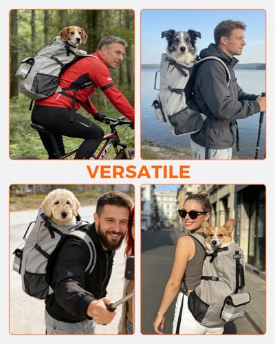 Waterproof Dog Backpack Carrier for Medium Dogs Under 30 lb, Grey | 4-Layer Protection, Adjustable Dog Hiking Backpack with Storage Pockets, Reflective Strips, Non-Slip Handle for Travel - size: 13.3"L x 9.4"W x 24.4"H
