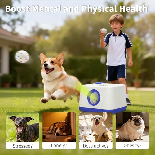 MEKAPLE Automatic Dog Ball Launcher with Barking Function, Auto+Manual Mode Interactive Dog Fetch Toy with 4 Adjustable Distances, Dog Balls Thrower for Small & Medium Dogs, with 4 Durable ETPU Balls - color: White and Blue