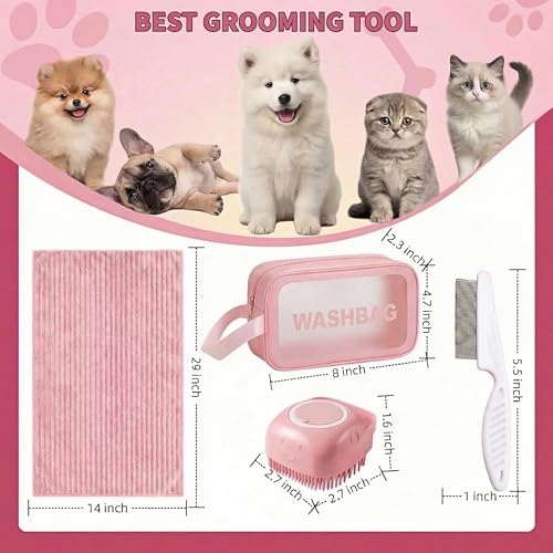 4PCS Dog Bath Kit & Dog Brush Kit for Dogs & Cats - Professional Pet Grooming Tools Set with Shedding Brush, Bath Scrubber, Dematting Comb & Storage Bag - Complete Dog Washing Essentials, Pink - color: 4PCS-Pink