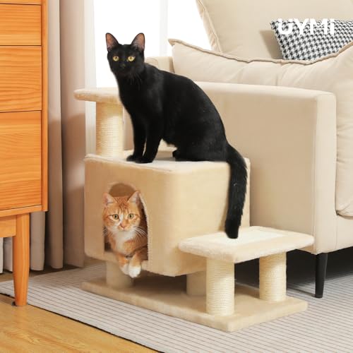 3-in-1 Dog Stairs & Cat Scratching Post with Condo, Pet Steps for High Beds, Sofa, Couch, Tall Cat Tower, High-Strength Boards for Indoor Small Cats Kittens Dogs Climbing Playing, 3 Steps-Beige - color: Beige