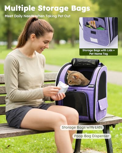pecute Cat Backpack Expandable, Cat Carrier with Breathable Window - color: Purple, size: 12.6"L x 10.2"W x 16.5"H
