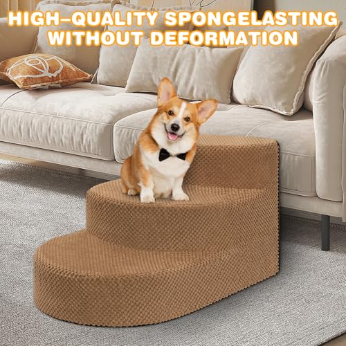 Dog Stairs 3 Steps Foam Pet Ramp for Small Dogs Cats, Khaki | Non-slip foam stairs with washable cover, ideal for beds & sofas. Sturdy, safe & easy to clean. - color: Khaki-3-Step