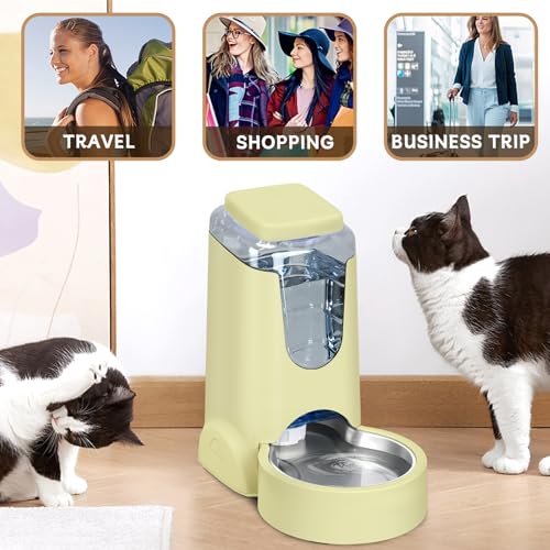 HWONMTE Portable Automatic Cat Feeder and Water Dispenser with Stainless Steel Bowl Dog Gravity Food Feeder and Waterer for Small Medium Pets Puppy Kitten 1 Gallon x 2 (Cream Yellow) - color: Cream Yellow
